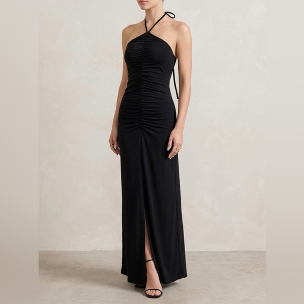 YUMI KIM Nova Dress Black Ruched Halter Maxi XS